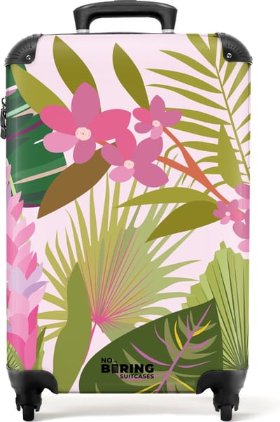 NoBoringSuitcases.com® - Handbagage koffer lichtgewicht - Reiskoffer trolley - Roze met kleurrijke bladeren - Rolkoffer met wieltjes - Past binnen 55x40x20 en 55x35x25