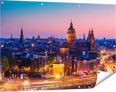Gards Tuinposter Amsterdam Skyline bij Zonsondergang - 120x80 cm - Tuindoek - Tuindecoratie - Wanddecoratie buiten - Tuinschilderij