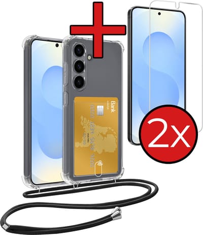 Hoesje Geschikt voor Samsung S25 Hoesje Met Telefoonkoord en Pasjeshouder Met 2x Screenprotector Siliconen - Hoes Geschikt voor Samsung Galaxy S25 Hoesje Met Kaarthouder Shock Proof Case - Transparant