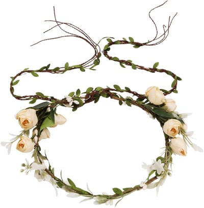 Bloemen Krans Hoofdband - Bloem Kroon - Fotoshoot Bruiloft - Handgeweven Ontwerp - Verstelbaar - Beige