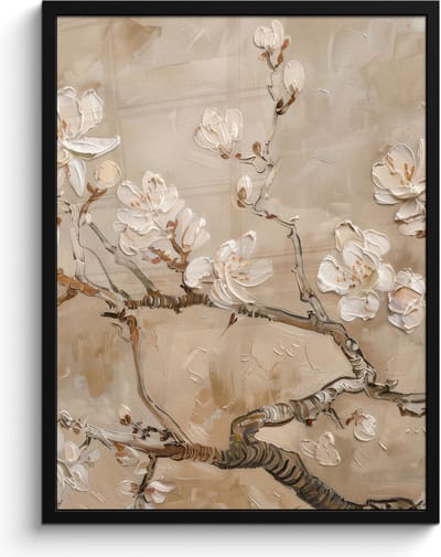 Poster in lijst - Fotolijst 60x80 cm - Posters - Bloemen - Modern - Beige - Wit - Bloesem - Posterlijst zwart - Decoratie - Wanddecoratie woonkamer - Muurdecoratie slaapkamer