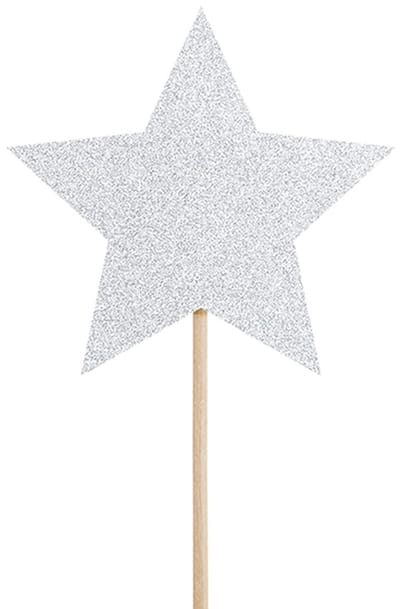 PARTYDECO - 6 taartdecoraties op prikker, zilveren glitterster, 11,5 cm, voor verjaardag