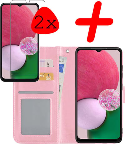Hoesje Met 2x Screenprotector - Geschikt voor Samsung Galaxy A13 4G - Luxe Pasjeshouder - Bookcase Portemonee - Flip Case - Kunstleer Book Case - Flipcase Hoes - Book Cover - Walletcase - Portemonneehoes - Lichtroze