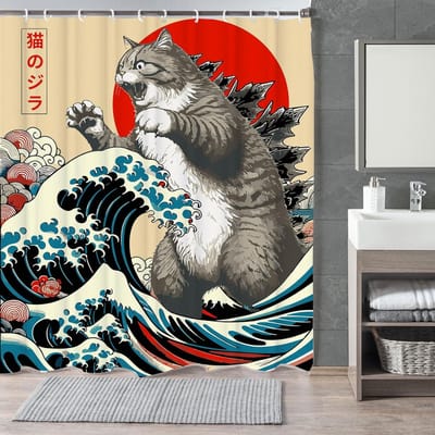 Japanse Kat Douchegordijn, Vintage Anime Zonsondergang Golf Kunst, Waterdichte Stof Met Haken W60H190(CM)-1 Pcs