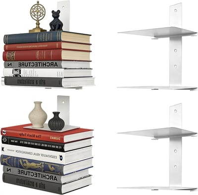 Verborgen boekenplank voor wanddecoratie, verticale boekenplank met vier niveaus, zwevende boekenplank in wit, moderne opbergruimte voor boeken en decoratie.