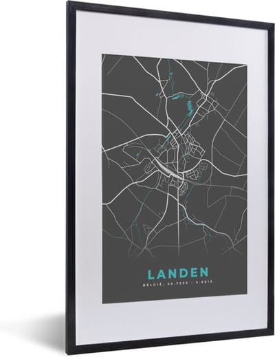 Fotolijst incl. Poster - Stadskaart – Grijs - Kaart – Landen – België – Plattegrond - 40x60 cm - Posterlijst