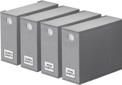 Famanu – Set van 4 beddenlakenorganizers en opslag - opvouwbare lakenorganizer voor linnenkast - lakenset - maphouder met raam - XL (queensize en kingsize grootte) organiserende beddengoedcontainer - grijs