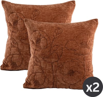 Tiseco - Kussen (gevuld) JULOT - Geborduurde bloemen - 45x45 cm, Cognac