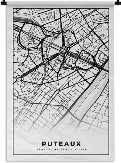 Wandkleed - Wanddoek - Frankrijk - Kaart - Plattegrond - Puteaux - Stadskaart - Zwart wit - 120x180 cm - Wandtapijt