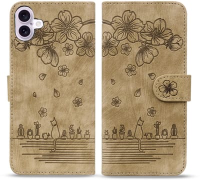 BookCover Hoes Etui geschikt voor Apple iPhone 17 - Beige - Bloemen Kat - Reliëf