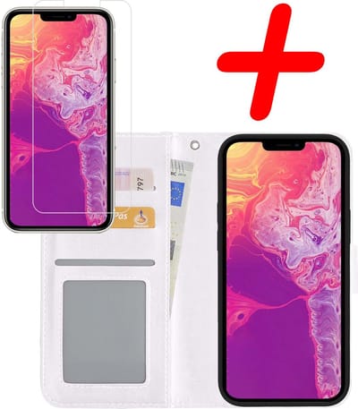 Hoesje Met Screenprotector - Geschikt voor Apple iPhone 13 Mini - Luxe Pasjeshouder - Bookcase Portemonee - Flip Case - Kunstleer Book Case - Flipcase - Book Cover - Walletcase - Portemonneehoes - Wit