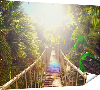 Gards Tuinposter Houten Brug in de Tropische Jungle - 160x120 cm - Tuindoek - Tuindecoratie - Wanddecoratie buiten - Tuinschilderij