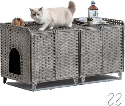 Verborgen rattan kattenbakmeubel voor 2 katten – Kattenbakomheining met uitneembare mat en 2 ophanghaken – Dubbel gebruik: bijzettafel & kattenhuisje – Eenvoudig te monteren – Afmetingen 120 x 50 x 60 cm – Grijs
