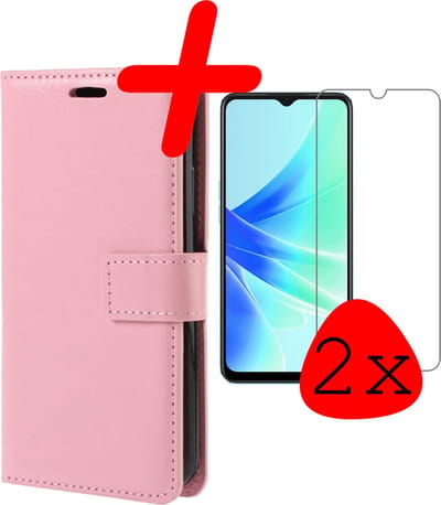 Hoesje Met 2x Screenprotector - Geschikt voor OPPO A17 - Luxe Pasjeshouder - Bookcase Portemonee - Flip Case - Kunstleer Book Case - Flipcase Hoes - Book Cover - Walletcase - Portemonneehoes - Lichtroze