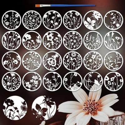 Dailygoods- Bloemenstencil 24-delig - Ronde Sjablonen - Herbruikbare Stencils - Diameter 20 cm - Natuurthema - Creatieve Inspiratie - Schilderstencils
