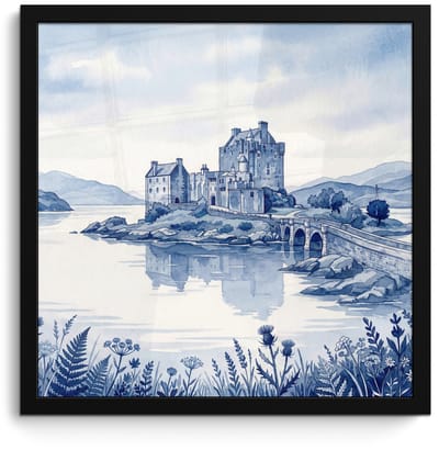 Poster in lijst - Fotolijst 40x40 cm - Posters - Schots - Kasteel - Blauw - Aquarel - Posterlijst zwart - Decoratie - Wanddecoratie woonkamer - Muurdecoratie slaapkamer