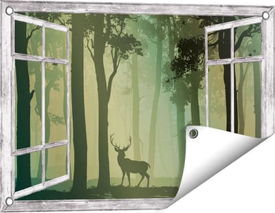 Gards Tuinposter Doorkijk Hert in het Bos - Silhouet - 60x40 cm - Tuindoek - Tuindecoratie - Wanddecoratie buiten - Tuinschilderij