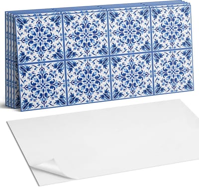 Coloray Plaktegels - Bloemmotief in symmetrie Wandtegel Zelfklevend - 60 cm x 30 cm - Blauw Plaktegels - 6 stuks - Rechthoek PVC Tegels - Plaktegels Keuken - Zelfklevende Vloertegels Badkamer - Vinyl Tegels - Zelfklevende Wandtegels