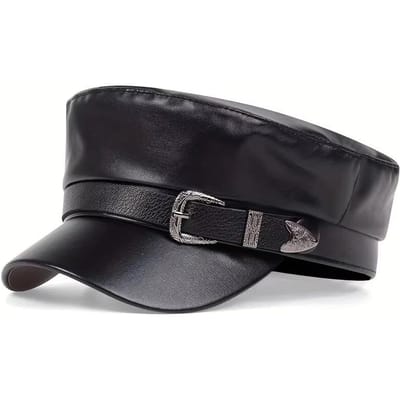 Dames Punk Y2K Trendy Baret Zwart PU Cool Punk Schedel Doornen Pet Leer Platte Top Kapitein Militaire Petten Dames Accessoires black