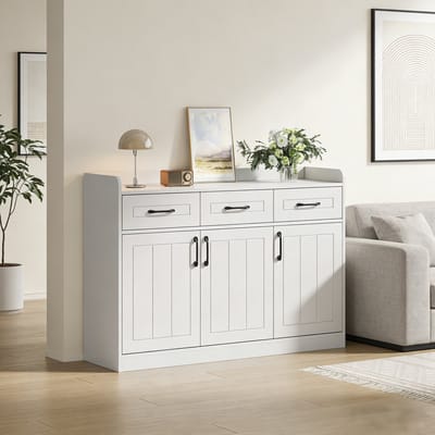 MODFU Dressoir - 3 Laden En 3 Deuren - Verstelbare Planken - Retro - Woonkamer - Spaanplaat - Wit - 120 X 35 X 80 Cm