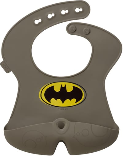 b.box Warner Bros. Batman siliconen slabbetje voor baby's vanaf 4 maanden, diepe open zak, verstelbare neksluiting, zachte antikleef FDA-siliconen, oprolbaar voor onderweg, BPA-vrij