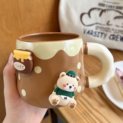 Honingbeer Mok Verdikt Keramiek met Deksel en Lepel Koffiekop 3D Magnetisch Afneembaar Adsorptie Hanger Drinkware 420ML