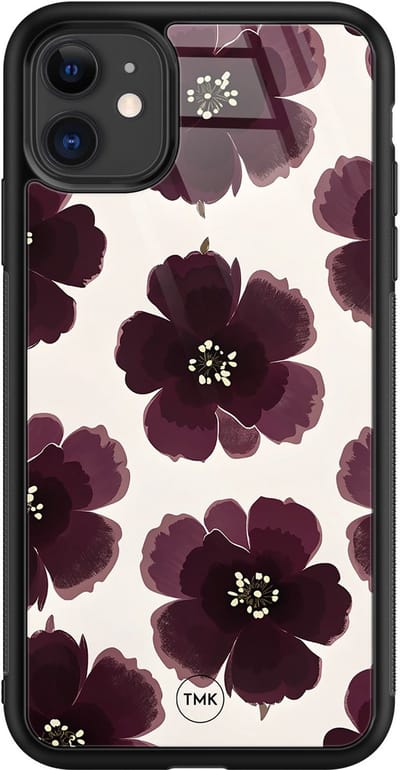 Hoesje geschikt voor Apple iPhone 11 - Burgundy flowers - Paars - TPU luxe case (glossy toplaag) - Bloemen - Hardcase backcover zwart