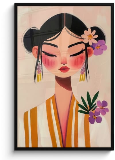 Poster in lijst - Fotolijst 80x120 cm - Posters - Vrouw - Bloemen - Pastel - Posterlijst zwart - Decoratie - Wanddecoratie woonkamer - Muurdecoratie slaapkamer