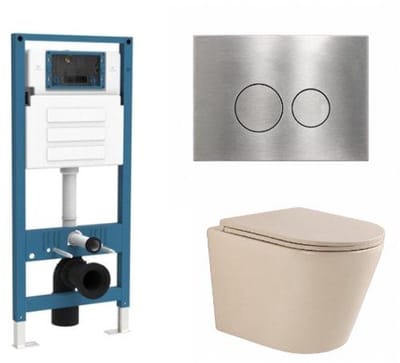 QeramiQ Dely Toiletset - inbouwreservoir Qeramiq Flush - slim zitting - metaal RVS bedieningsplaat - ronde knoppen - beige