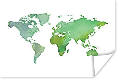 Poster 30x20 cm - Wereldkaart - Waterverf - Groen - Posters - Kamer decoratie - Wanddecoratie woonkamer - Muurdecoratie slaapkamer