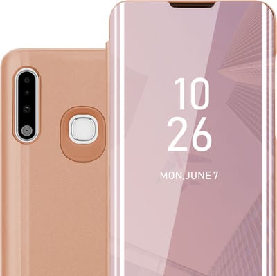 Cadorabo Hoesje geschikt voor Samsung Galaxy A70e in KUNZIET ROZE - Clear View Spiegel Beschermende Case met Tribunefunctie 360 Graden Bescherming Book Case Cover Etui