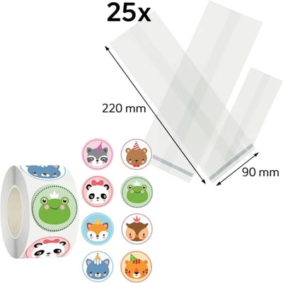 25x Uitdeelzakjes met dierenstickers | 220 x 90 mm | Traktatiezakjes | Kinderfeestje | Cellofaanzakjes | Cadeauzakjes | Snoepzakjes | Plastic Zakjes | Uitdeelzakjes kinderen | Cadeauzakjes Kinderen | Verpakkingszakjes Uitdeelcadeaus