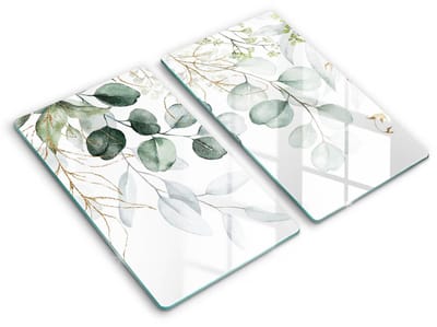 Wallfluent Spatscherm Keuken - Wit Fornuis Achterwand Glas - Set 2 Stuks 30x52 cm - Geschilderde Planten Spatscherm Glas - Bloemen en planten Rechthoekig Spatscherm Keuken