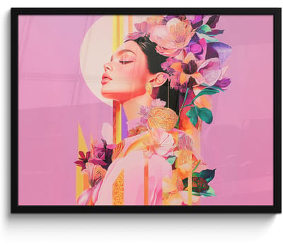 Poster in lijst - Fotolijst 70x50 cm - Posters - Vrouw - Bloemen - Paars - Abstract - Posterlijst zwart - Decoratie - Wanddecoratie woonkamer - Muurdecoratie slaapkamer