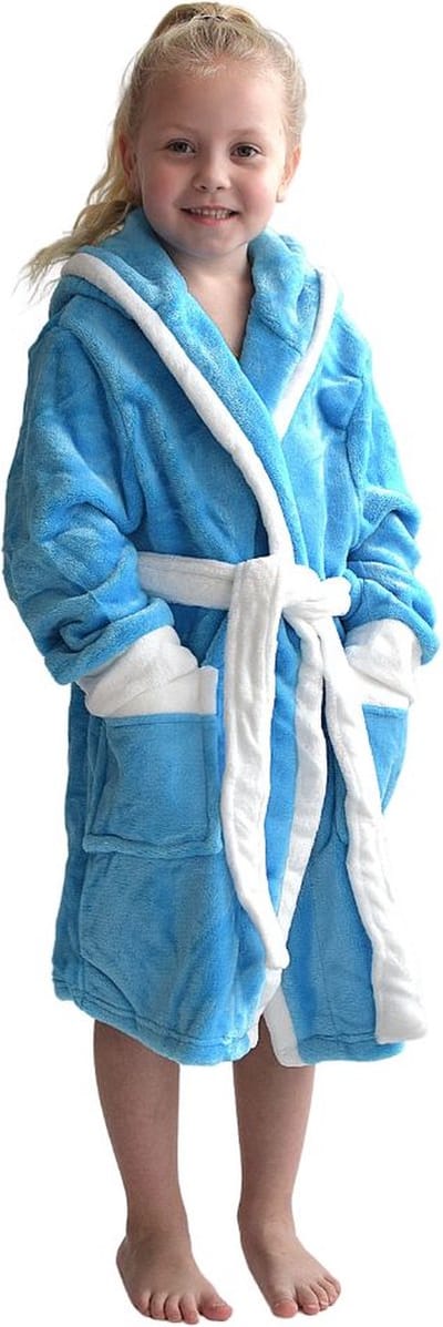 Badjas capuchon aqua blauw - fleece badjas kind - ochtendjas kind - warm & zacht - meisje & jongen - Badrock - maat (5-6jaar) 110-116