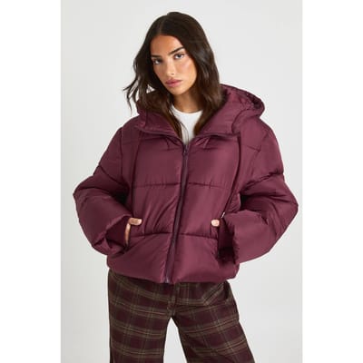 boohoo Dames Kleine capuchon gevoerde pufferjas | Plum | Maat: 14