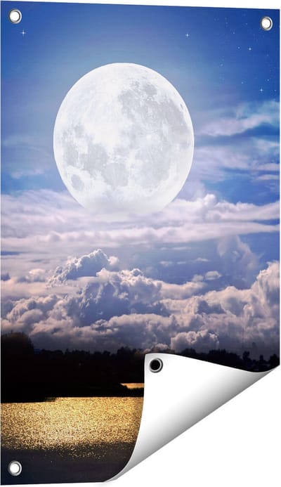 Gards Tuinposter Volle Maan bij het Water - 40x60 cm - Tuindoek - Tuindecoratie - Wanddecoratie buiten - Tuinschilderij