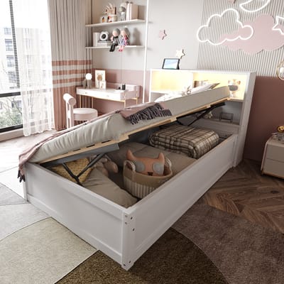 MODFU Ledikant 90x200 cm – Wit hout – LED-hoofdbord met stopcontact – 4 opbergvakken – Muziekmodus – 120 kg