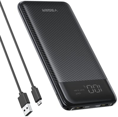 VEGER VG-W1087 Powerbank 10.000 mAh – Compacte Powerbank met LCD-display – USB-C & USB-A – Tot 10,5W – Laadt 2 Apparaten Tegelijk – Zwart
