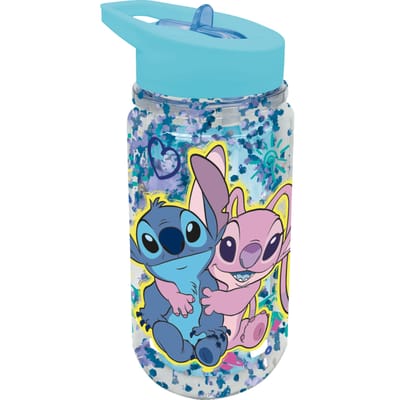 Disney's Stitch Tritan Drinkfles – 330 ml – Met glittereffect – Vaatwasserbestendig & BPA-vrij - Drinkfles met rietje voor kinderen – Transparant blauw