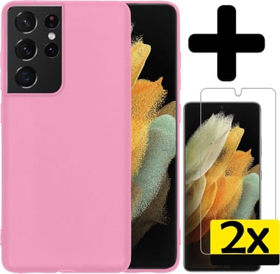 Hoesje - Met 2x Screenprotector - Geschikt voor Samsung Galaxy S21 Ultra - Sterk & Shockproof - Back Cover - Siliconen Case - Telefoon Hoes - Telefoonhoesjes - Roze