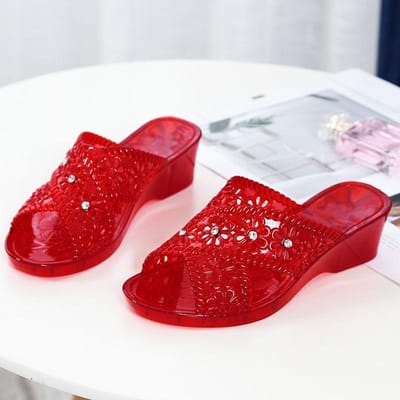 Kristallen Sandalen Dames Zomer Hoge Hak Slippers Dragen Strand Antislip Slippers met Schuinlopende Hakken 38 rood