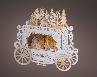 Houten kerstkoets met LED-verlichting – FSC-hout, 8 lampjes en timerfunctie – 24,8 cm breed