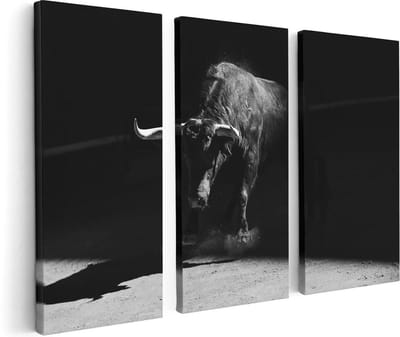 Artaza Canvas Schilderij Drieluik Stier In De Arena - Zwart Wit - 120x80 - Foto Op Canvas - Canvas Print