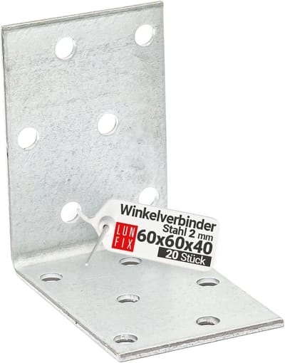 Hoekverbinder 20 stuks - Montagehoek L-hoek - Meubelbouw Houtbouw - Verzinkt staal 2mm dik - 60x60x40 mm - Zink