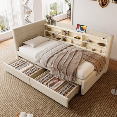 MIVRAY Daybed 90x200 Cm - Bed Met 2 Lades En Usb En Type C - Met Hoofdbord Met Vakken - Linnen - Beige - Zonder Matras