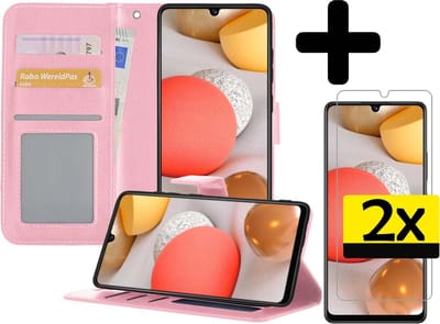 Hoesje - Met 2x Screenprotector - Geschikt voor Samsung Galaxy A42 - Luxe Pasjeshouder - Bookcase Portemonee - Flip Case - Kunstleer Book Case - Flipcase Hoes - Book Cover - Walletcase - Portemonneehoes - Telefoonhoesjes - Lichtroze