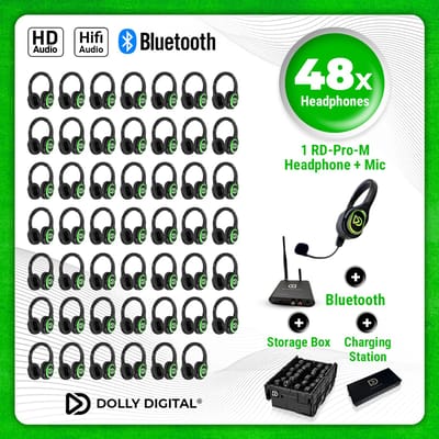 Dolly Digital® RD-Pro 48 Draadloze Koptelefoons voor groepen + Headmounted Microfoon – 48 HiFi Koptelefoons + Microfoon + Bluetooth + HiFi+ Oplaadstation