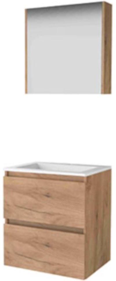 Basic-Line Comfort 46 Badkamermeubelset - 60 x 46 cm - Greeploos - 2 Lades - Acryl Wastafel - 1 Kraangat - Spiegelkast - Whisky Oak