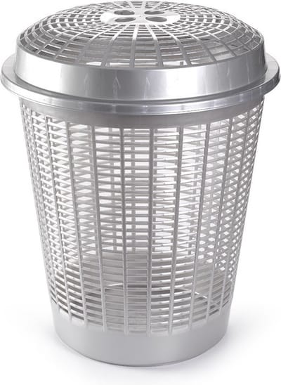 Plasticforte Wasmand met deksel - 50 liter - zilver - rond - D45 x H57 cm - opbergmand